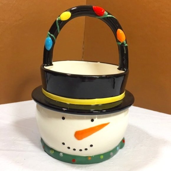 Snowman Cermaic Decorative Painted Basket Bowl w/ Handle 8"x5.5" - Picture 1 of 6